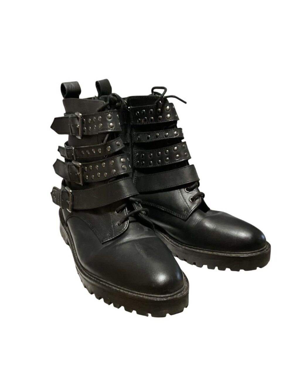 Vtg Top Shop Studded Black Leather Combat Boots With Buckle Straps US 7.5 Eu 38